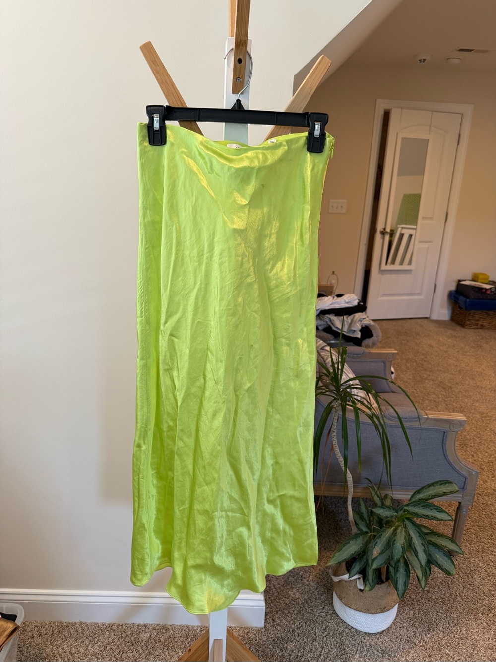 Vince Neon Lime Bias-Cut Midi Skirt